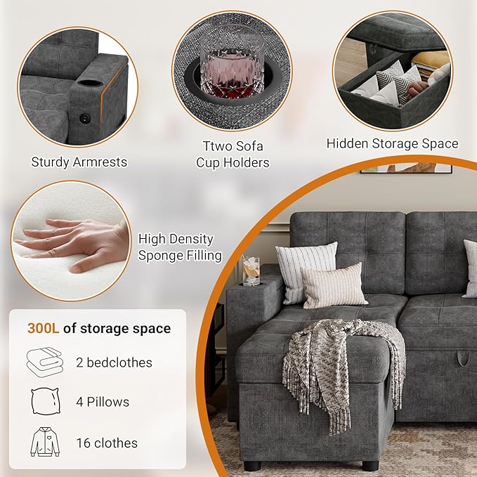 IDEALHOUSE U-Shaped Couches for Living Room Sofa Bed for Living Room with Reversible Storage Chaises and Hidden Storage Armrests Cup Holders and USB Charging Ports Included Dark Grey