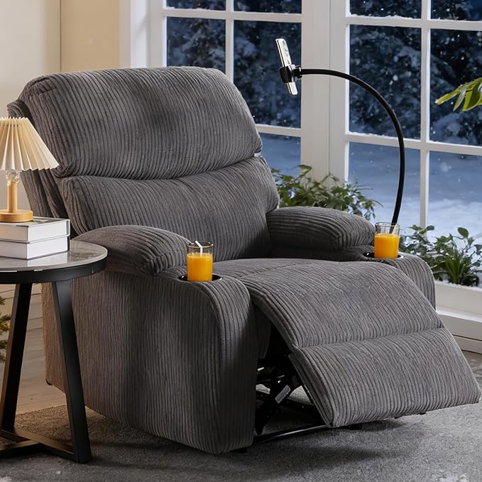 Manual Recliner ChairModern Corduroy Reclining Chairs with Phone Stand &amp Cup HoldersOverstuffed Single Sofa Recliner for AdultsLiving Room Bedroom Home Theater (Grey)