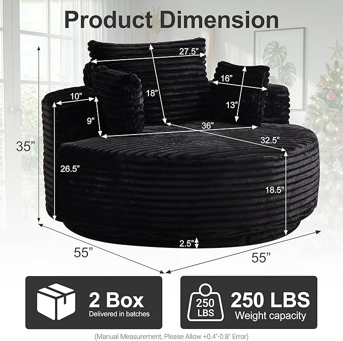 55 Oversized 360 Degree Swivel Chair Modern Round Chair Lounge Upholstered Corduroy Swivel Accent Chair with Deep Seat Comfy Fluffy Sleeper Sofa for Living Room Bedroom Apartment (Black)