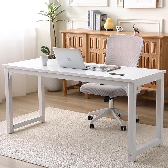 Large Computer Desk - 63 Inch Home Office Desks Study Student Writing Table Gaming Desk Wood Modern Simple Table with USB Ports White