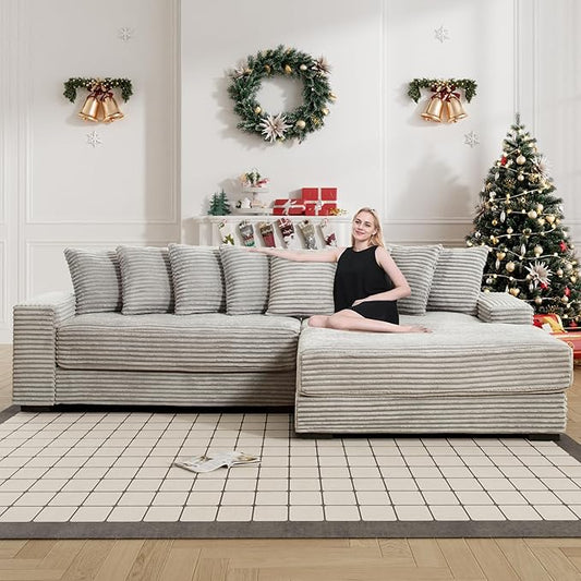 Comfy L Shaped Sectional Couches for Living Room 111 Oversized Modular Sectional Sofa with Chaise Lounge Modern Fluffy Plush Corduroy Couch with 8 Pillows (Right Facing Grey)