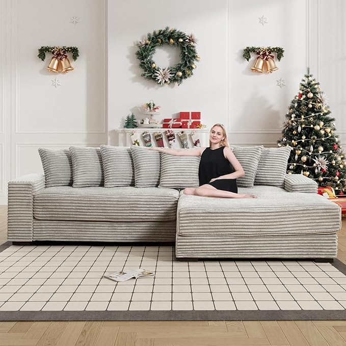 Modular Sectional Sofa with Oversized Chaise 111 L Shaped Sectional Couches Solid Wood Frame Corduroy Sofas for Living Room - Grey Right Facing Chaise