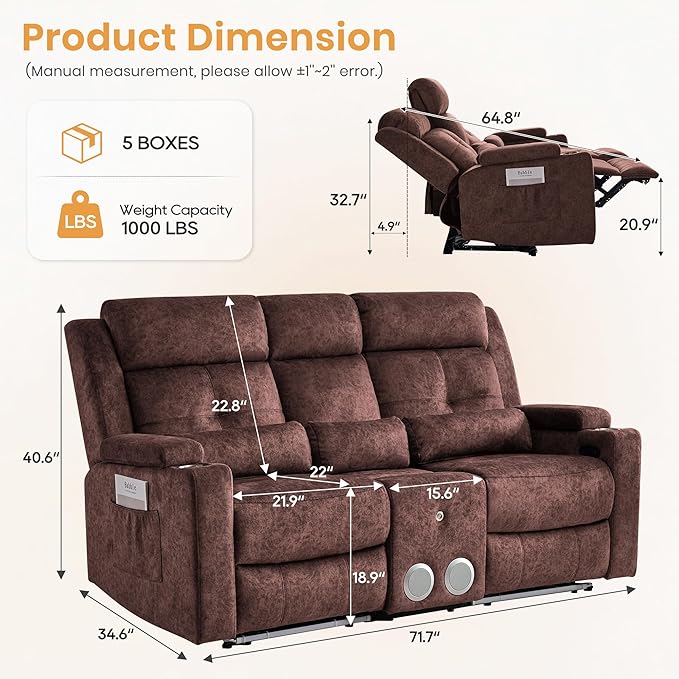 Power Reclining Loveseat with Flip Backrest Power Loveseat Recliner Sofa with LED Lights Bluetooth Speaker 3-Seater Recliner Sofa with Arm/Seat Storage (Brown Loveseat with Console)