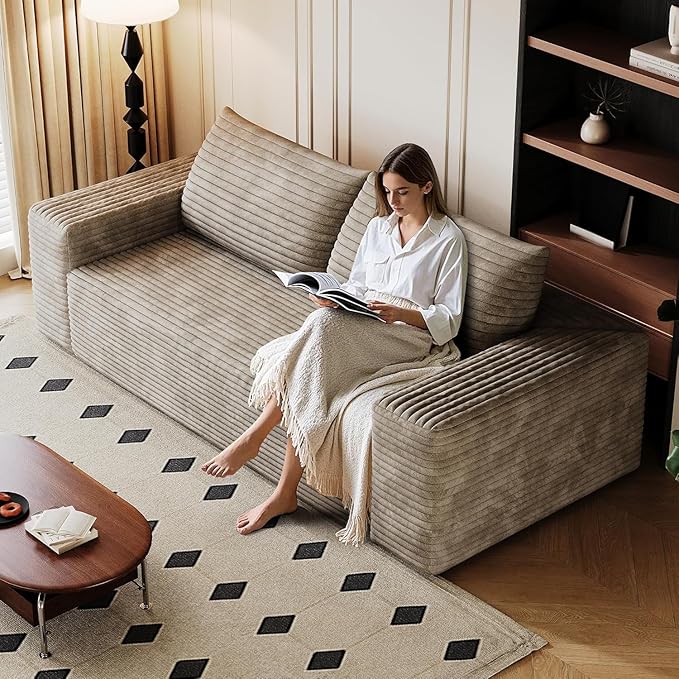 3 Seater Couch for Living Room 71 inch Fluffy Corduroy Boneless Couch Cloud Loveseat with Wide Armrest Modern Upholstered Floor Sofa in a Box No Assembly Required Camel