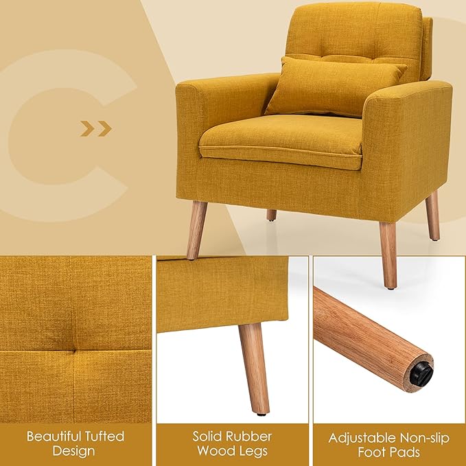 Giantex Modern Accent Chair Set of 2 Upholstered Linen Fabric Single Sofa Armchair with Pillow Max Load 330lbs Mid Century Modern Living Room Chair for Bedroom (Yellow)