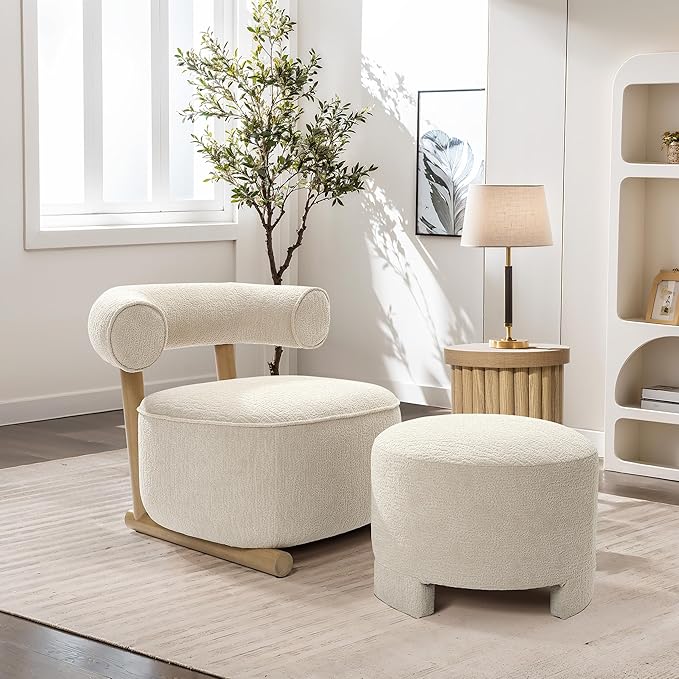 LuxenHome Accent Chair with U-Shape Back Upholstered Cream Modern Barrel Chair with Solid Wood Leg and Frame Club Stylish Armless Chair for Nursery Bedroom Living Room Hotel Office