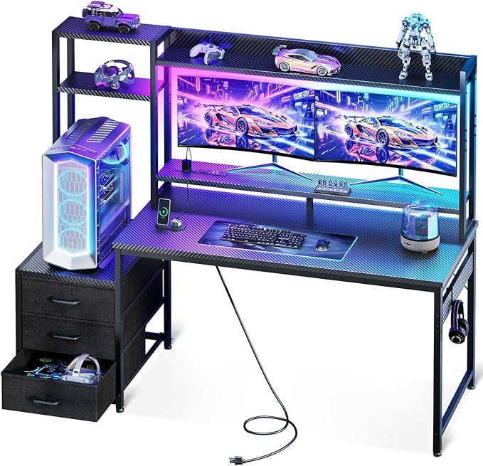 Casaottima 55 Inch Gaming Desk with Hutch &amp 3 Fabric Drawers Computer Desk with USB Ports &amp LED Lights Reversible Pc Gamer Table with Monitor Stand for Home Office Carbon Fiber Black