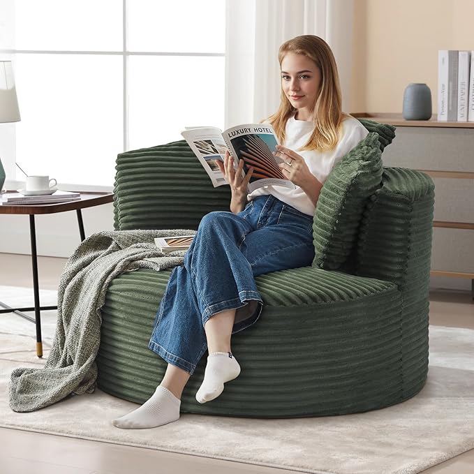 Antetek 48.8-inch Round Chair Modern Accent Corduroy Comfy Deep Seat Boneless Foam Floor Single Circle Chaise Sofa Chair with 3 Pillows for Living Room Bedroom Office No Assembly Required Green