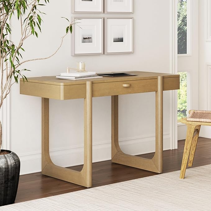 Nathan James Haley Mid Century Modern Home Office Desk Solid Wood Writing Desk with Drawer and Rounded Legs Light Brown
