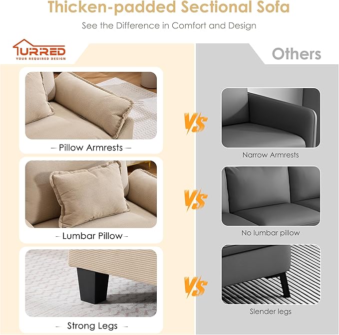 URRED Modular Cloud Couch Sectional Sofa 157 U Shaped Deep Seat Sofa with 2 Ottomans &amp Pillows Ultra Comfy Corduroy 4-Seater Sofa for Living Room Apartment or Bedroom Khaki | Corduroy Fabric