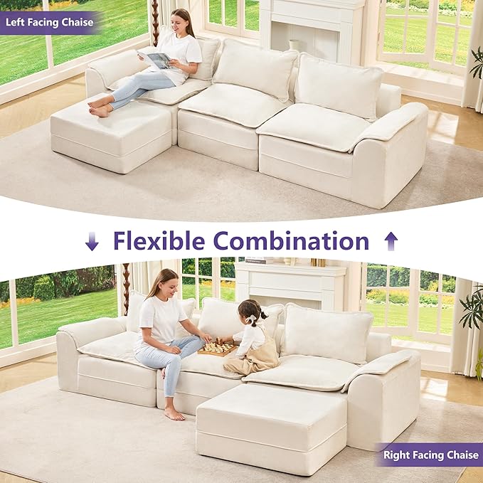 Hobestluk 120 Cloud Modular Sectional Couch 3-Seater Sofa with Ottoman L Shaped Sofa with Removable Cover Large Sofa Couch for Living Room (Beige 3-Seater Sofa with One Ottoman)