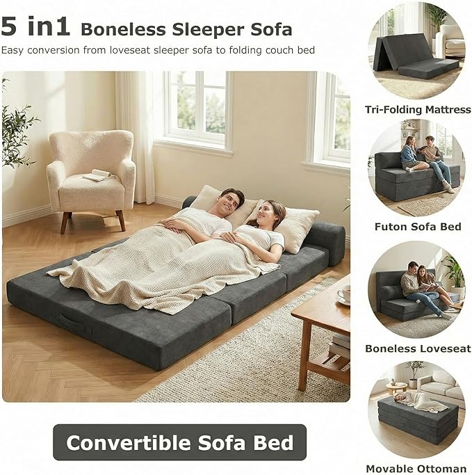 5-in-1 Convertible Sofa Bed Boneless Loveseat Sleeper with Removable Cushions &amp Washable CoverFuton Sofa Bed with Handle Pull Out Couch for Small Spaces King Size Grey