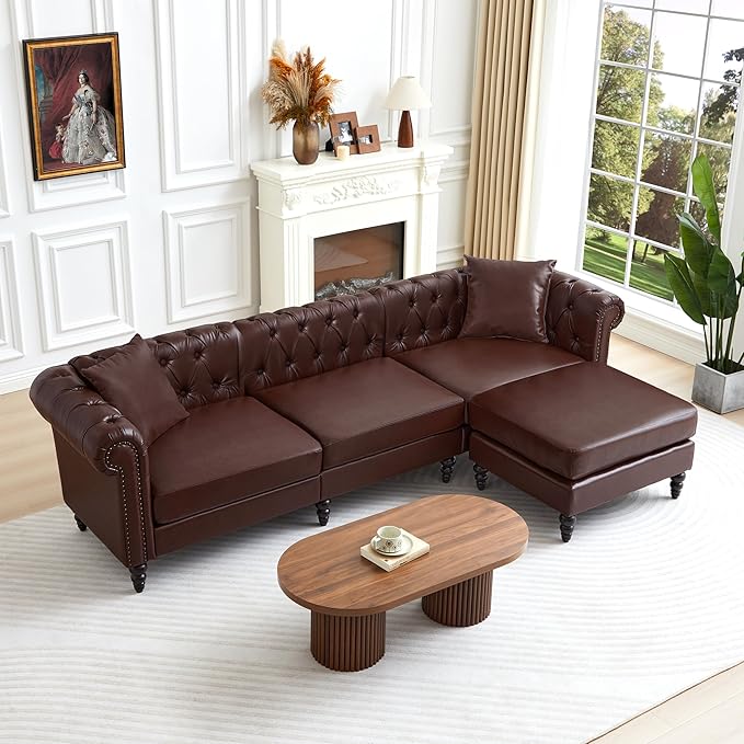 AVZEAR Chesterfield L Shaped Sofa Modular Sectional Leather Couch with Ottoman and Pillow Modern PU Deep Seat Sofa Living Room Furniture Sets for Living Room Apartment Dark Brown