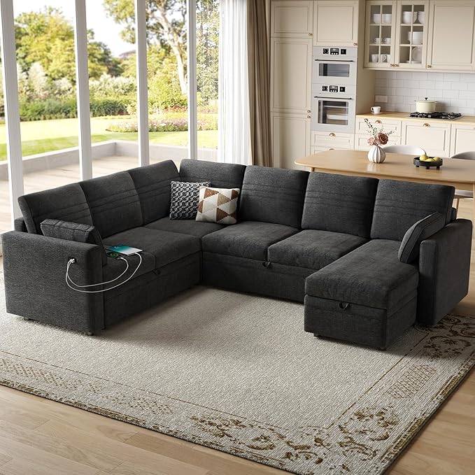 ONBRILL 105 Modular Sectional Sleeper Sofa with Pull Out Bed6 Seat Sectional Sleeper Sofa with Storage ChaiseUSB PortsModern U-Shaped Couches for Living RoomTool-Free AssemblyChenilleBlack