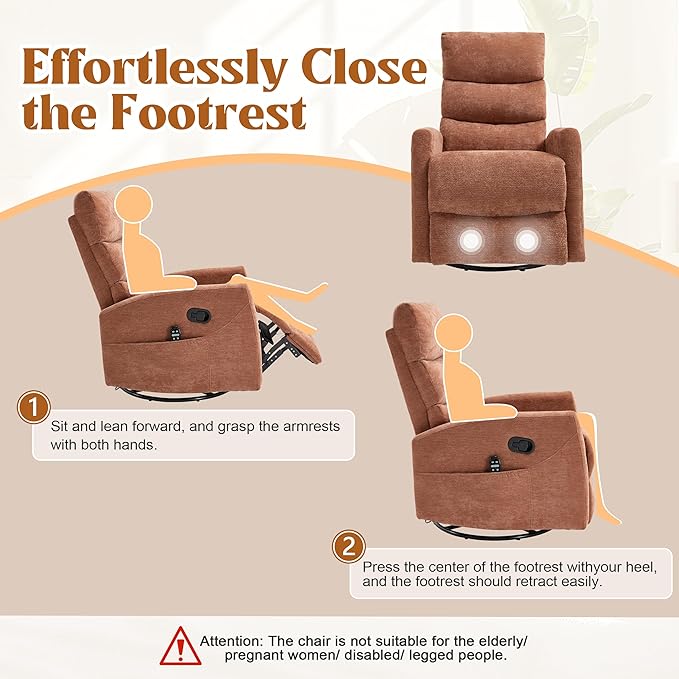 Luxlen Manual Swivel Rocker Recliner Chair with Massage Overstuffed Recliner Glider with Vibration Massage and Heat for Nursery Living Room Reclining Sofa Chair Fabric Orange