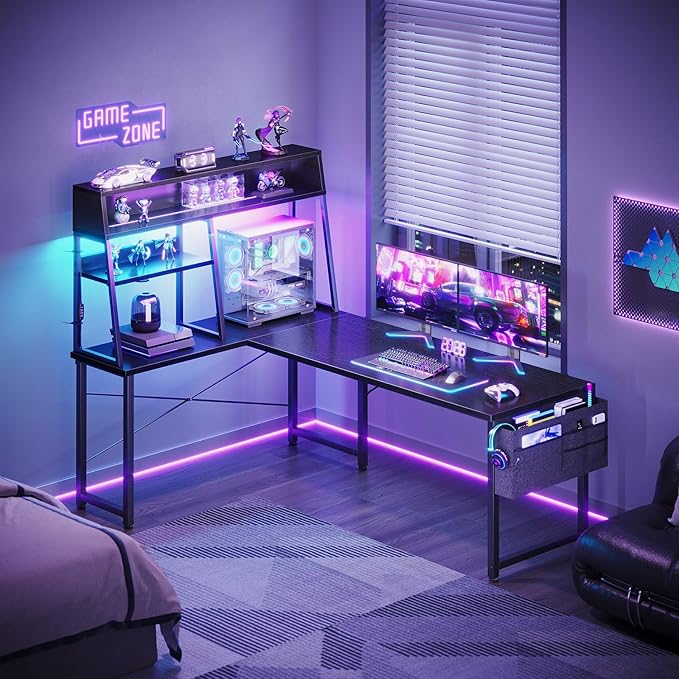 AODK L Shaped Gaming Desk with Led Lights 59 Inch Reversible Gaming Computer Desk with Display Shelves PC Gamer Desk Gamer Table with Storage Bag L Desk for Game Black
