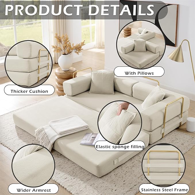 4-in-1 Folding Convertible Floor Sofa Bed 78 Oversized Compression Sofa No Assembly Required King Futon Lazy Couch Corduroy Loveseat Sleeper with Pull Out Bed Modular Futon Couch