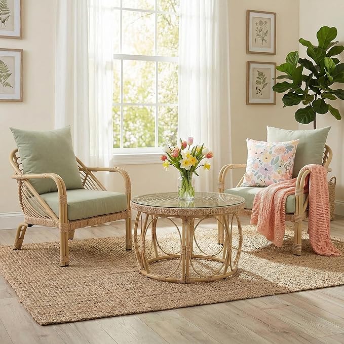 Living Room Chairs Aluminum Accent Chairs Set of 2 Comfortable Arm Chair with Glass Coffee Table Comfy Armchair for Bedroom Rattan Braid Armchairs Accent Chair for Indoor/Outdoor Green