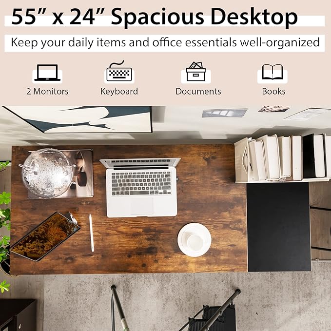 Tangkula 55” Computer Desk Large Home Office Desk with 2-Tier Storage Shelves Modern Laptop PC Desk with Heavy-Duty Steel Frame Multipurpose Writing Desk Study Desk (Rustic Brown)