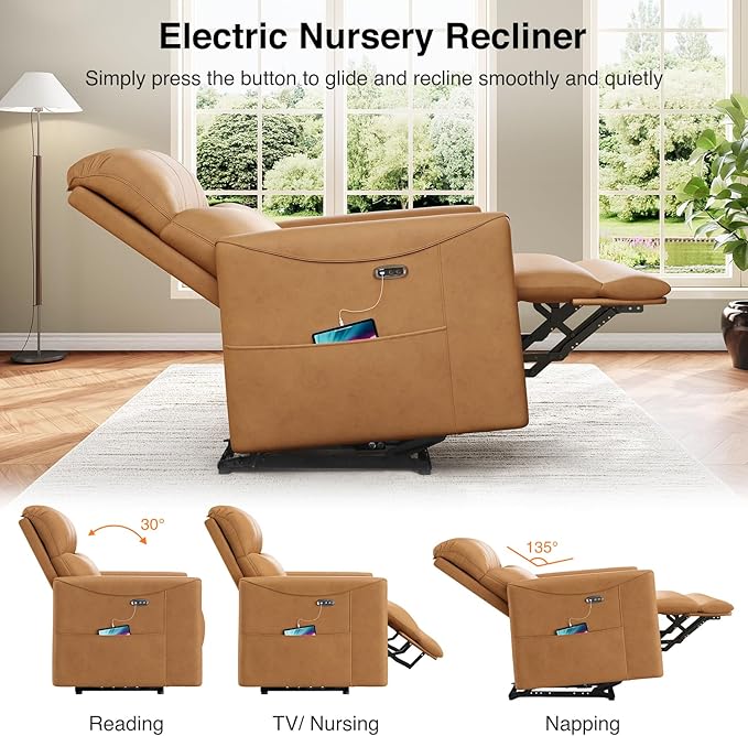 Power Recliner Chair Reclining Chair PU Leather Small Recliners for Small Spaces Infinite Position Electric Recliner Chairs for Adults Electric Recliners with USB Port &amp Side Pocket Brown