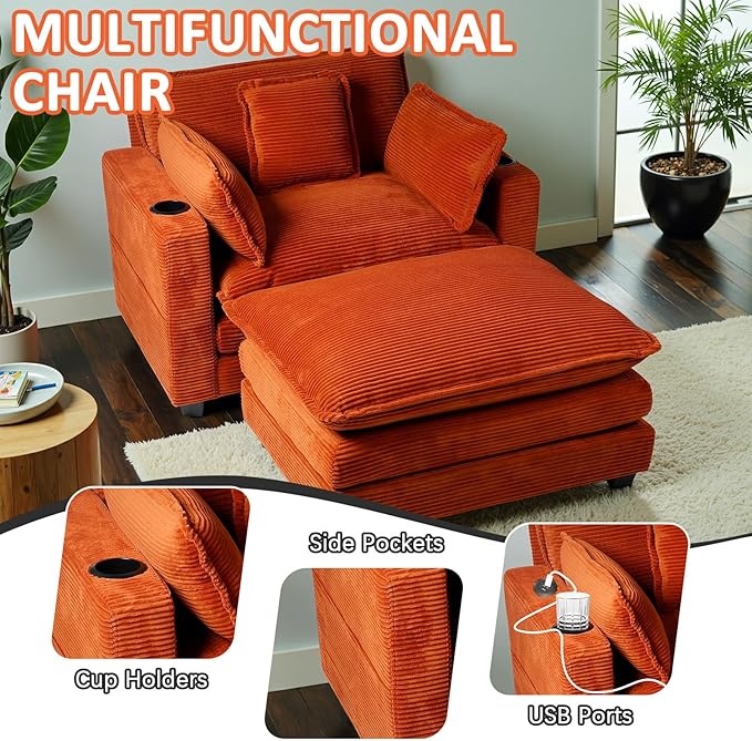 Oversized Chair with OttomanOversize Chaise LoungeReading Boneless Sofa BedChaise Lounge Chair Indoor with Side PocketSleeper Couch with USB&ampCup HolderCorduroy Sofa Couch for Living Room (Ora