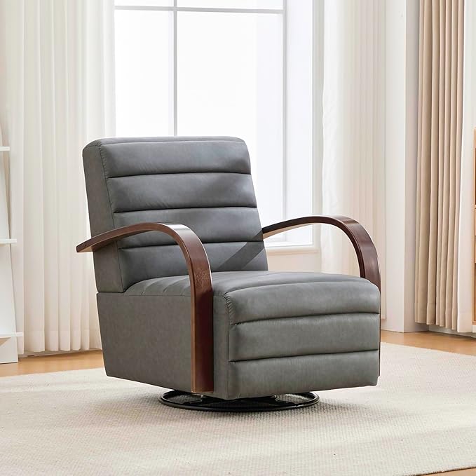 30.7 W Gray Swivel Accent Chair with Solid Wood Armrests Modern Upholstered Armchair with Metal Base 360 Degree Comfy Lounge Reading Chair for Living Room Bedroom or Office (Gray+PU)