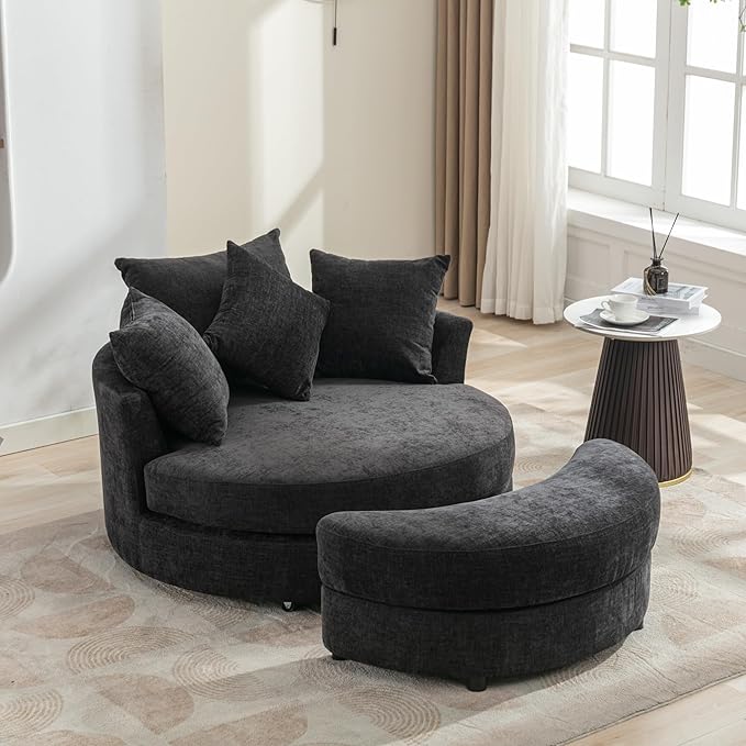 360° Swivel Accent Barrel Chair with Storage Ottoman Modern Linen Leisure Chair Round Accent with 4 Pillows Metal Base Bucket Design Leisure Chair for Living Room (Gray * Ottoman)