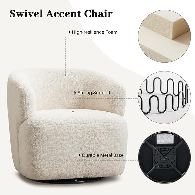 Swivel Accent Chair Upholstered Fabric Barrel Chair Boucle Round Boucle Armchair for Living Room Bedroom Beige Cream White