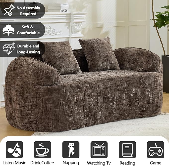 67 Curved Loveseat Sofa with 2 Pillows Modern Boneless Couch in a Box Small Cloud Loveseat for Bedroom Small Space Apartment Living Room Memory Foam Chenille No Assembly (Brown)
