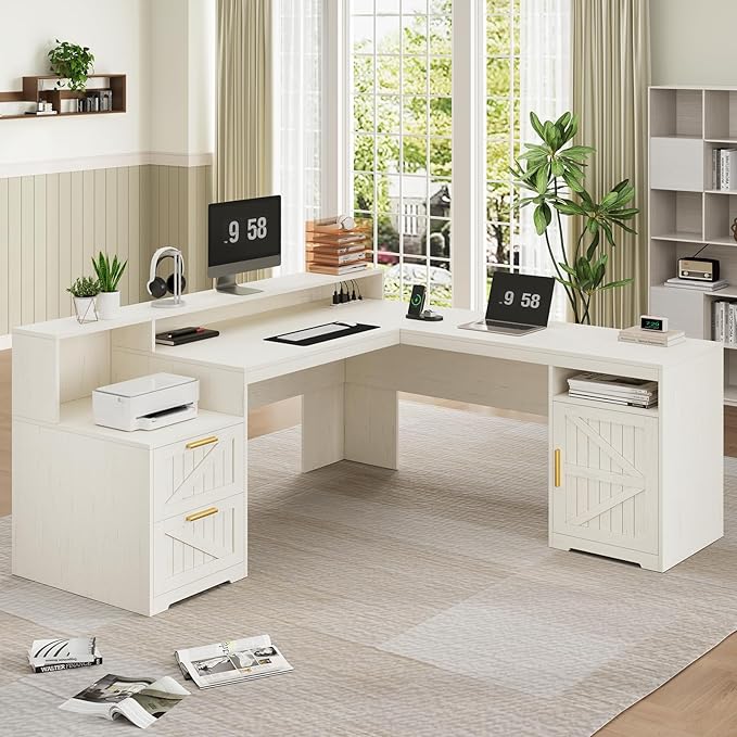 63 Farmhouse L Shaped Executive Desk with Drawers &amp Storage Shelf Corner Computer Desk with Power Outlets L Shaped Office Desk with Monitor Stand Printer Shelf White