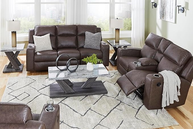 Signature Design by Ashley Lavenhorne Contemporary Faux Leather Upholstered Manual Rocker Recliner with 2 Cup Holders Dark Brown