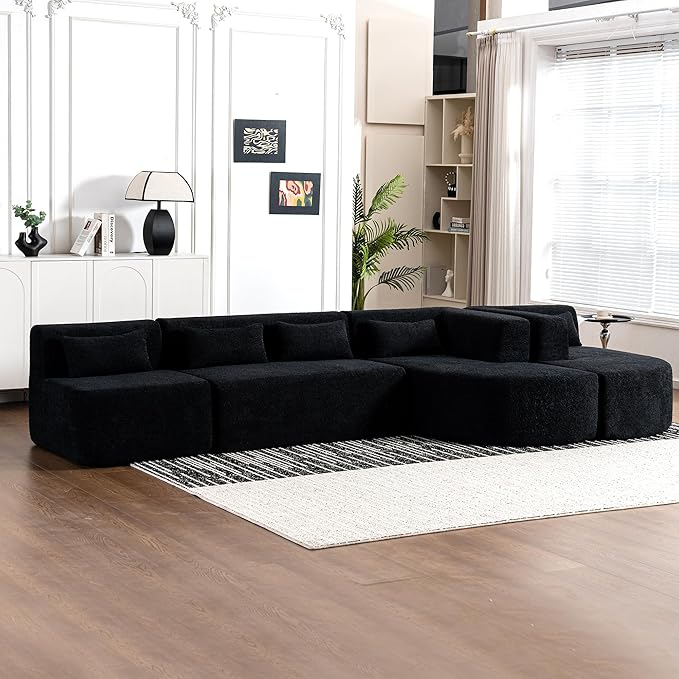 Modern 143.7 Upholstered Sectional SofaFree-Combined Sofa Couch with Two Chaise Lounge and Five Back Pillowsfor Living Room Bedroom (Black#4)