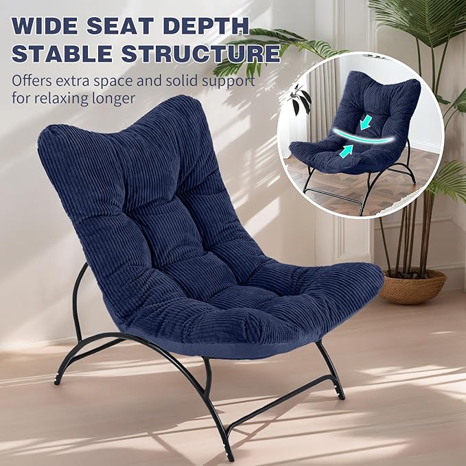 Welnow Accent Lounge Lazy Chair Comfy Soft Leisure Metal Frame Reading Chair Upholstered Thick Cushion Seated Recliner Sofa for Living Room Bedroom Dorm Navy