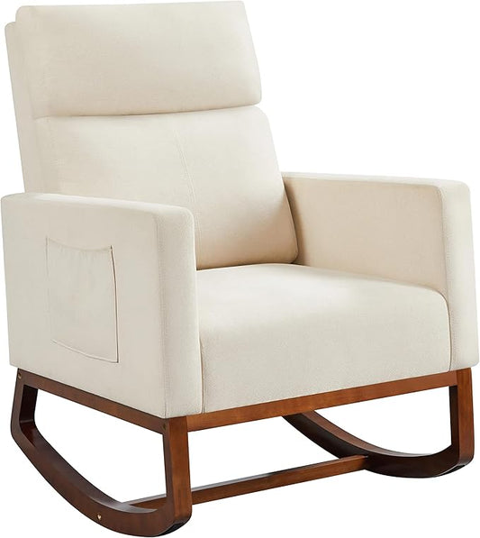 Yaheetech Rocking Living Room Chair Upholstered Glider Chair with Side Pocket Modern Accent Chair with High Back Comfy Armchair for Living Room Bedroom Lounge Nursery Beige