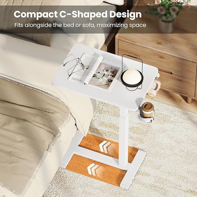 GOFLAME Rolling Standing Desk C Shaped End Table Adjustable Height with Hidden Wheels Cup Holder &amp Headphone Hook Mobile Sofa Couch Bed Side Table for Living Room Home Office (White)