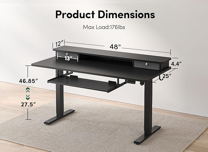 FEZIBO Standing Desk with Drawers and Keyboard Tray 48×24 Electric Height Adjustable Table with Monitor Shelf Computer Home Office Sit and Stand up Workstation Black