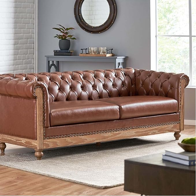 Merax 3 Seat PU Chesterfield Sofa Retro Style Upholstered Leather Couch Rolled Arm for Living Room Bedroom Office Light Brown