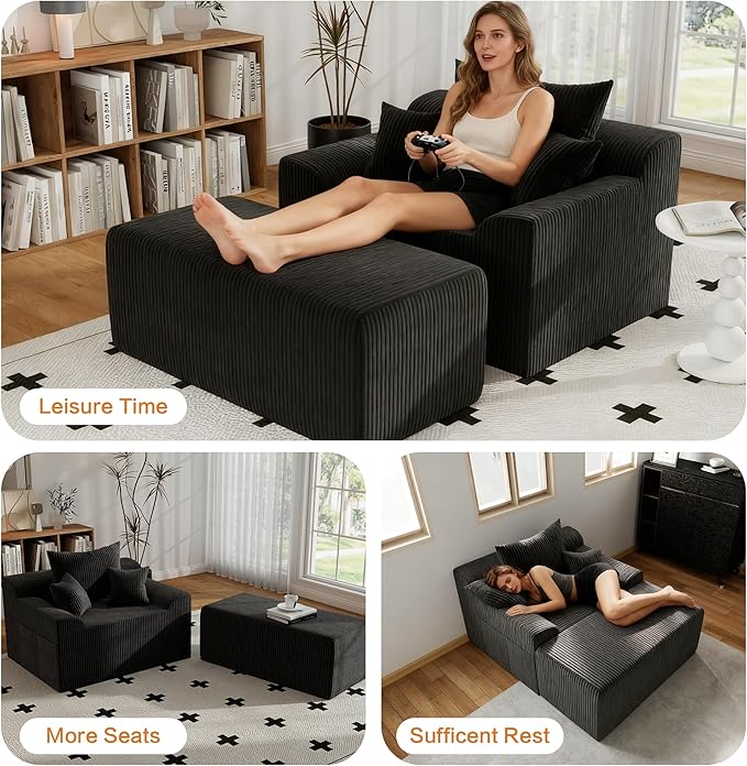 LSSBOUGHT 60'' Chaise Lounge Chair Indoor Oversized Upholstered Sofa Bed Sleeper Couch Reading Chairs Plush Corduroy Fabric Sofas Couches for Living Room (Black)