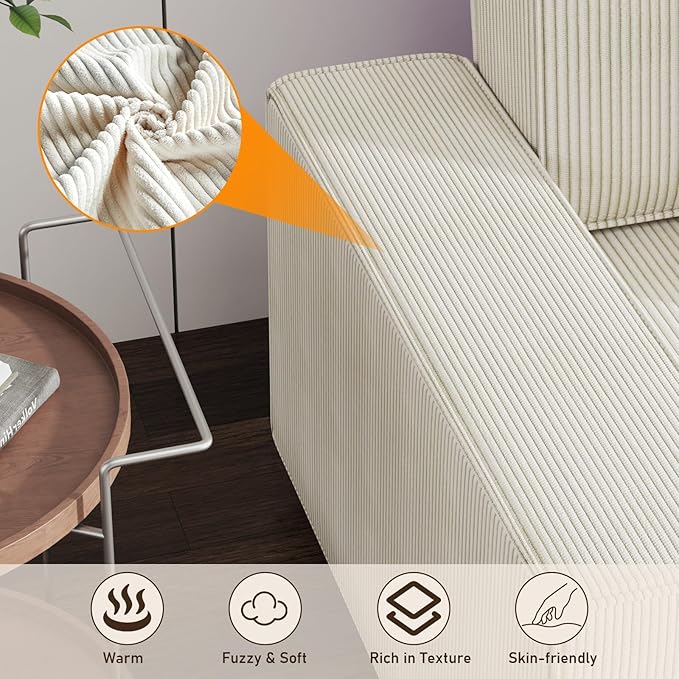 GAOMON Fine Stripe Corduroy Sectional Sofa l Shaped Modern Corduroy Couch Comfy Sofa Couch with Deep Chaise for Living Room Apartment Hotel 96 w*61 d*32 h Beige