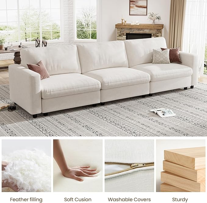 KKL Modular Sectional Sofa Couches for Living Room 113 Sofa Couch with Adjustable Backrest 3 Seater Sofa Couch with Comfy Cushion Chenille Beige