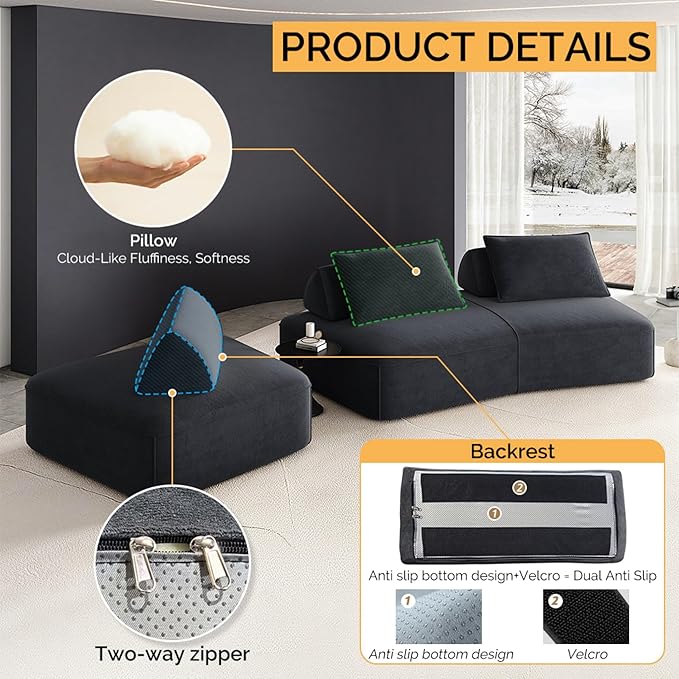 139 Oversized Modular Sectional Sofa Set Chenille Cloud Boneless Couch with Removable Backrests &amp Soft Pillows No Assembly Required DIY Upholstered Sofa Bed for Living Room (Dark Gray)