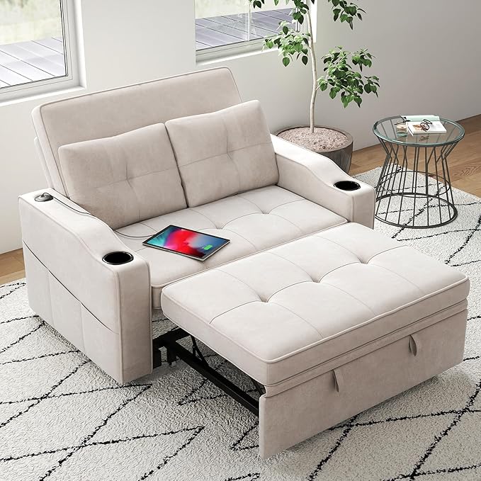 Loveseat Sofa Bed 3-in-1 Convertible Sleeper Sofa Chenille Fabric Pull Out Couch with USB Charging Ports 5 Level Adjustable Backrest Cup Holders for Living Room Sunroom Study Beige