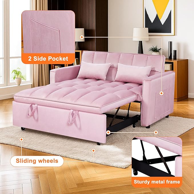 Sleeper Sofa Couch with Pullout Bed 54'' Velvet Futon Loveseat Sofa 3-in-1 Convertible Love Seat Couch for Living Room Apartment Chair Bed Sleeper for Adults (Pink)