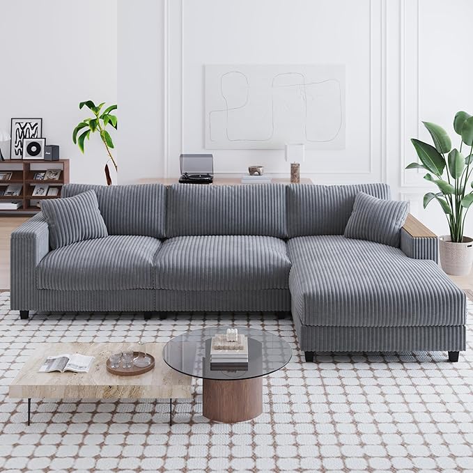 Modular Sectional Sofa 114.5 Convertible L Shaped Couch with Corduroy Fabric 3 Seater Corner Sleeper Sofa with Chaise Storage Armrests &amp 2 Pillows Modern Comfy Upholstered Couches for Living