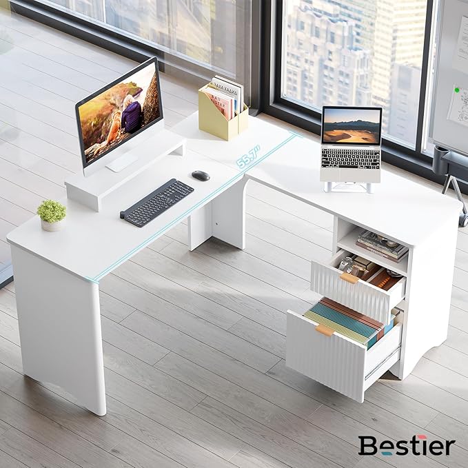 Bestier L Shaped Desk with File Drawer 55.7 x 55 Office Computer Desk with Round Corners Modern Desk with Monitor Stand &amp Fluted Panels for Home Office White