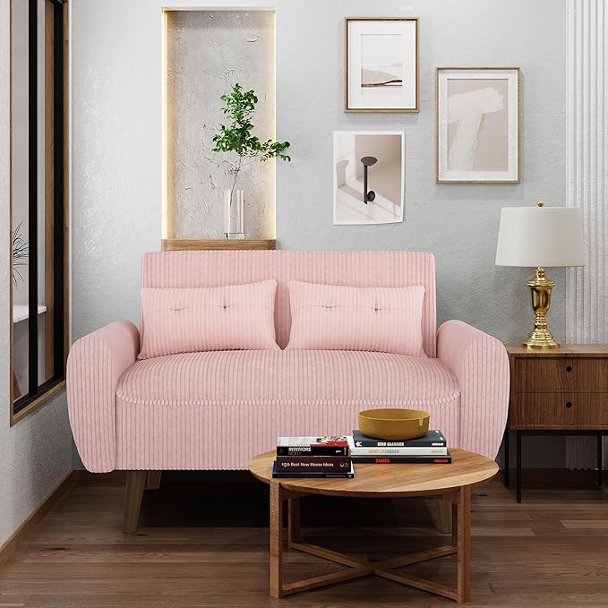 Shintenchi Small Modern Loveseat Couch Sofa Mid Century Fabric Upholstered 2-Seat Sofa Couch Love Seats Furniture for Small SpaceLiving RoomStudioApartment with 2 Pillows Pink