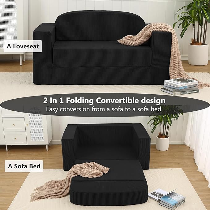 MeMoreCool Convertible Sofa Bed Pull Out Loveseat Sleeper Sofa Small Boneless Cloud Couch Bed for Adults Fold Out Foam Love Seat Black Corduroy Folding Floor Couch for Bedroom