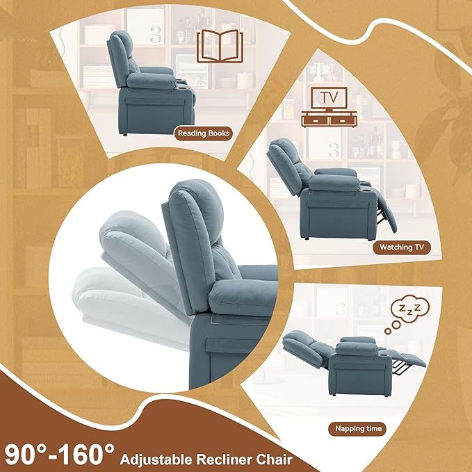 Aklaus Recliner Chair with Foldable Side Table Massage and Heat Reclining Chair Home Theater Seating Reclining Sofa with Side Pockets Cup Holders for Living Room BedroomBlue