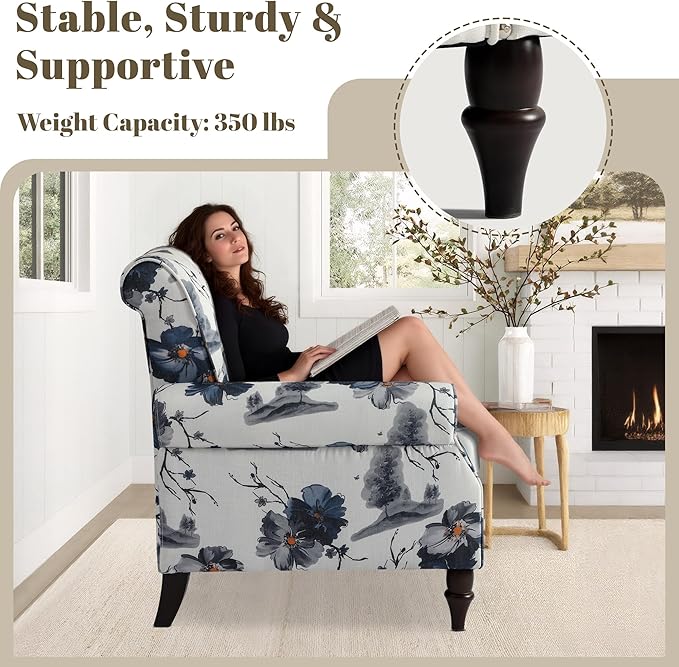 Oversized Floral Accent Chair with Extra Lumbar Pillow Upholstered Living Room Armchair with Wooden Legs Comfy Reading Lounge Chair for Bedroom Home Office (Blue Floral Pattern)