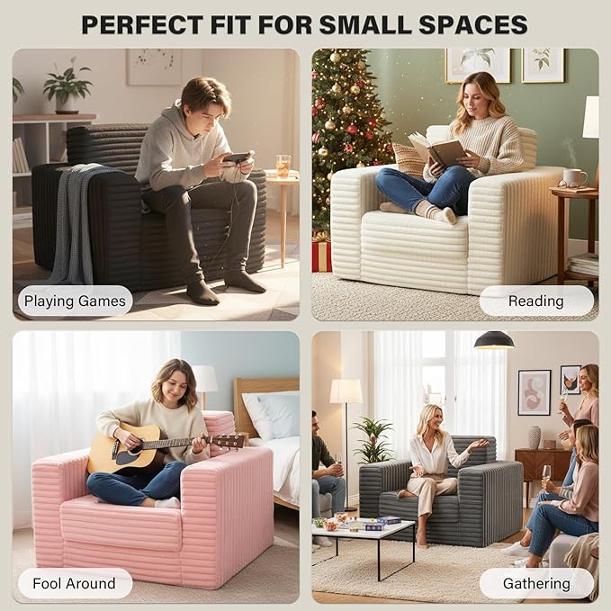 Welnow Folding Sofa Bed with Ottoman Convertible 2-in-1 Boneless Couch Futon Lounge Chair Bed for Adults Comfy Fold Out Sleeper Sofa for Small Spaces Living Room Bedroom or Dorm Pink